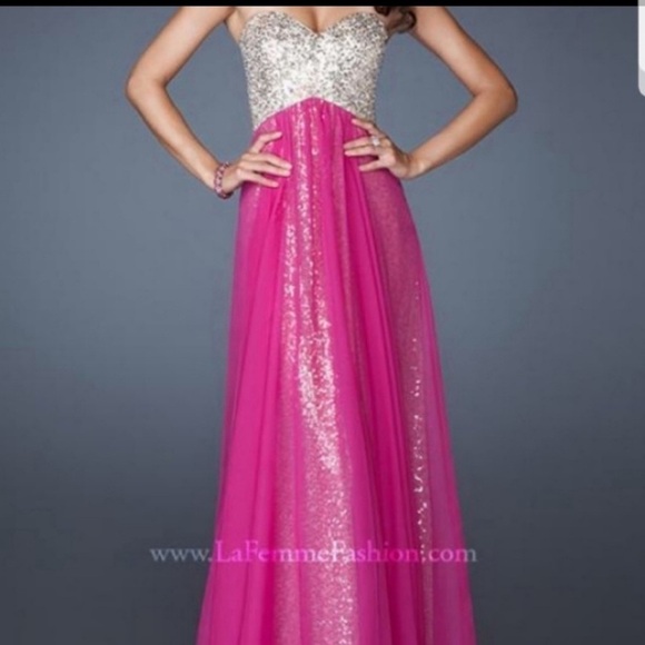 La Femme Magenta Paradise Embellished Layered-Skirt Sweetheart Gown - Picture 2 of 16